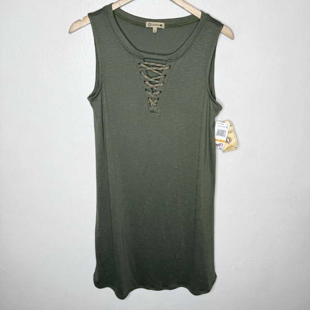 New Democracy Green Sleeveless Lace Up Front Dress Womens Small Stretch Shift
